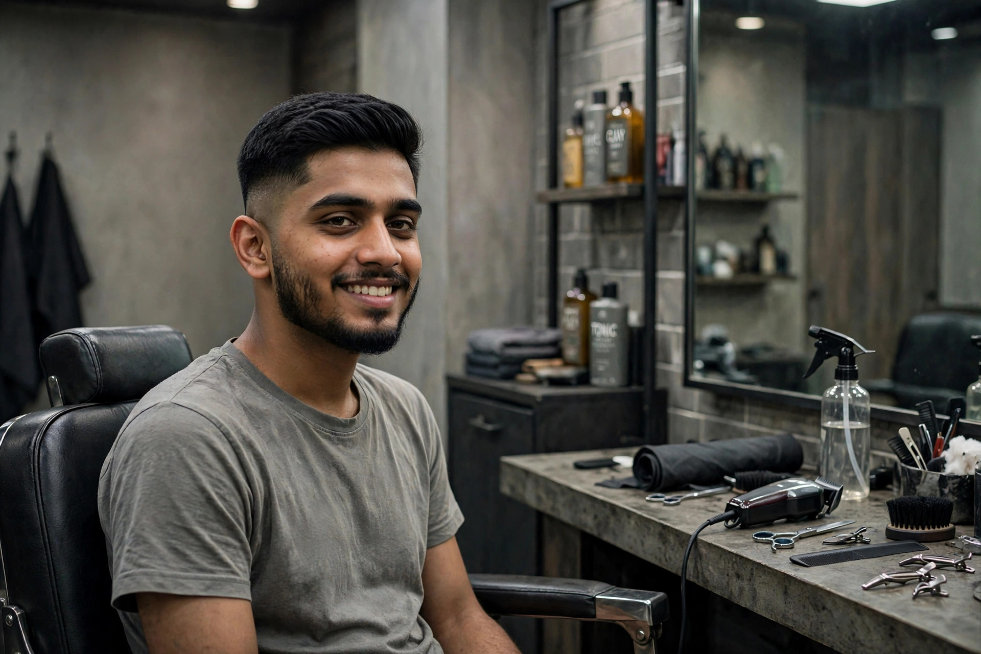 Same man with a sharp fresh haircut, looking confident